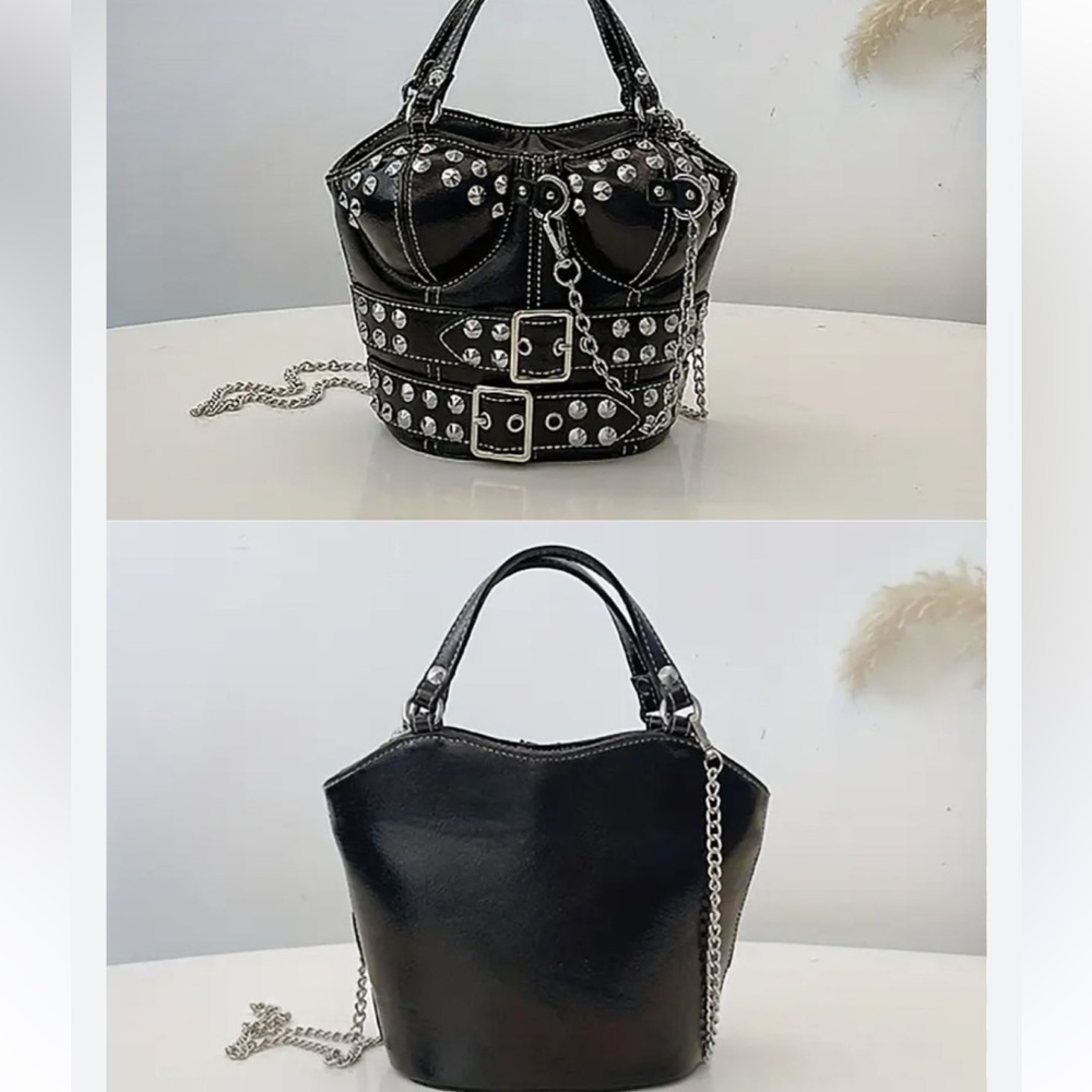 Fashion Nova Heart Throb Black Studded Corset Chain-Accent Shoulder Bag w/ Chain - Picture 6 of 13